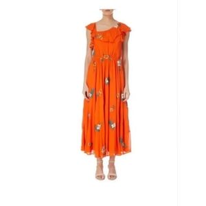NWT $550 Karen Millen Havana Dress Midi Orange Floral Embroidered  Size 6 Small